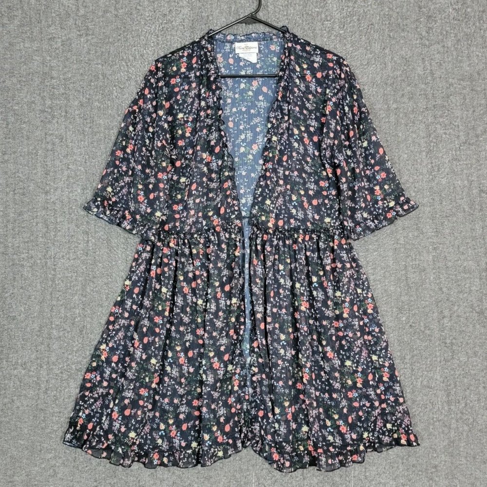 Kimono Top Womens Small Black Floral Open Front Semi Sheer Lightweight